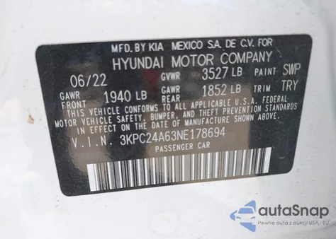 2022 Hyundai Accent Sel z USA, uszkodzony, nr VIN 3KPC24A63NE178694